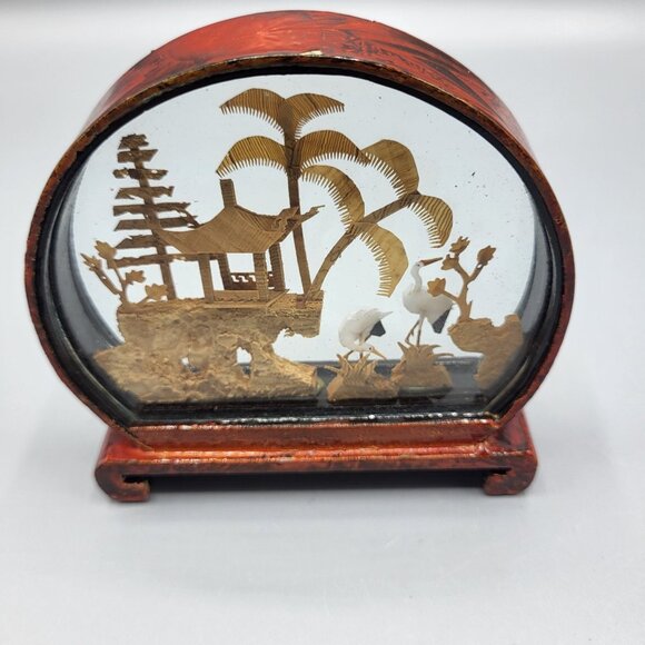Vtg Chinese Hand Carved Cork Diorama Cranes Black Lacquer Art Stand 4" x 3.75" - Picture 14 of 16